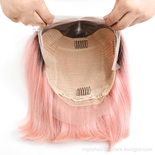 Ombre Pink Color Virgin Original Real Virgin Remy Indian Raw Human Hair Pixie Cut HD Sillk base Lace Front Straight Bob Wigs